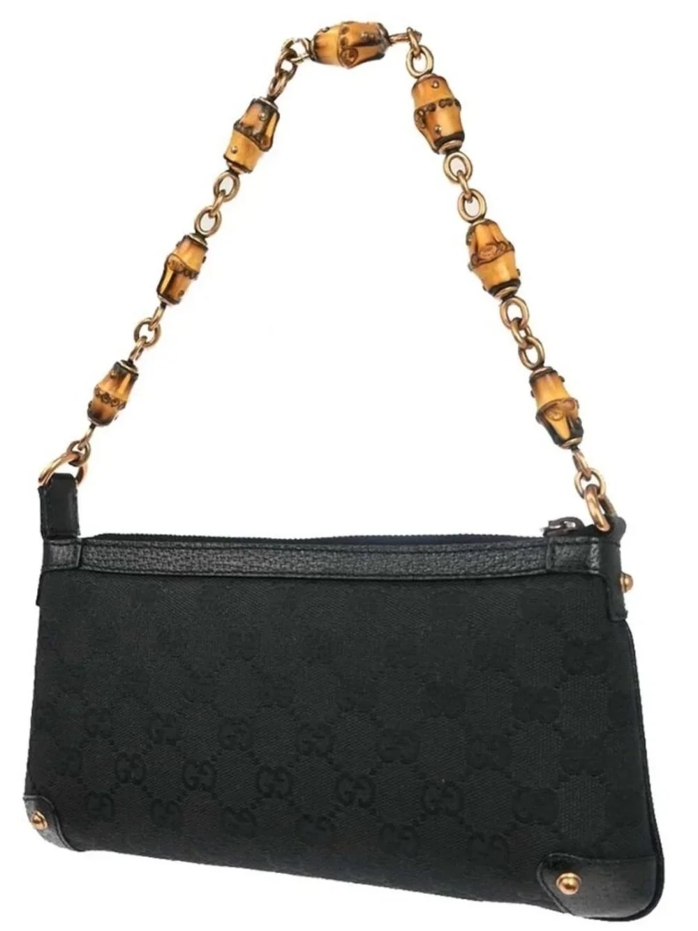 Gucci Black Canvas Bamboo GG Chain Handbag - Picture 2 of 15